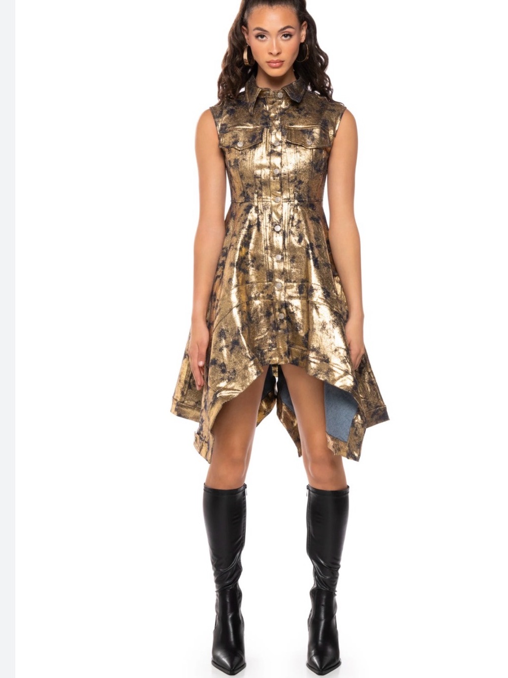 AKRIS Winona Cap Sleeve Button Down Metallic Gold Denim Cocktail Midi Dress Sz M
